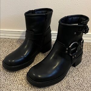 Black Faux Leather Ankle Moto Boots with Buckle